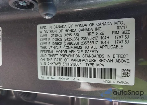 2017 Honda Cr-V Lx from USA, damaged, VIN 2HKRW6H37HH218667